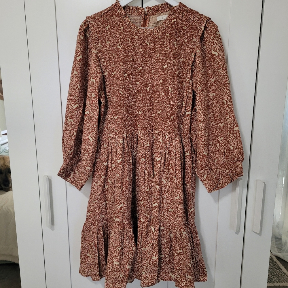 Doen Leda Prancing Fawn Brown Rust Red Floral Woodland Animals Cotton Mini Dress